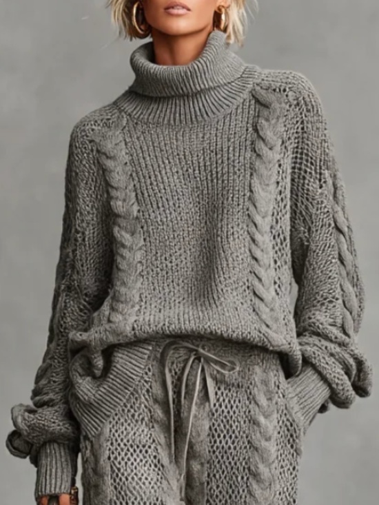 MODESEES Sweaters - MODESEES Women's Gray Casual Cable Knit Turtleneck Sweater, Size L